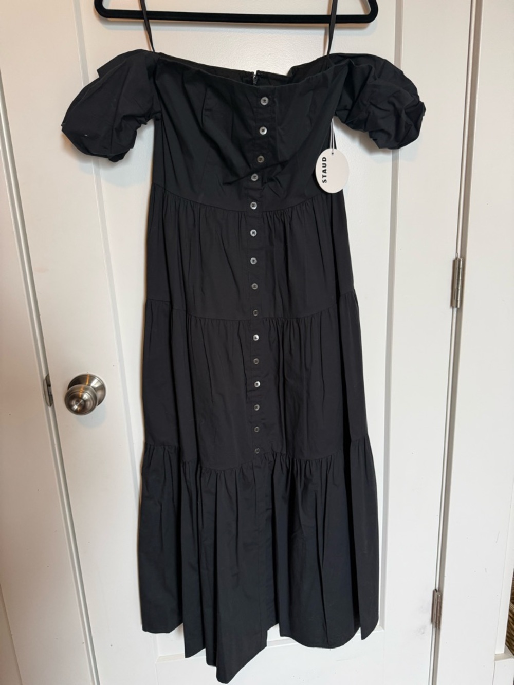 STAUD Black Off-Shoulder Tiered Button Midi Dress
